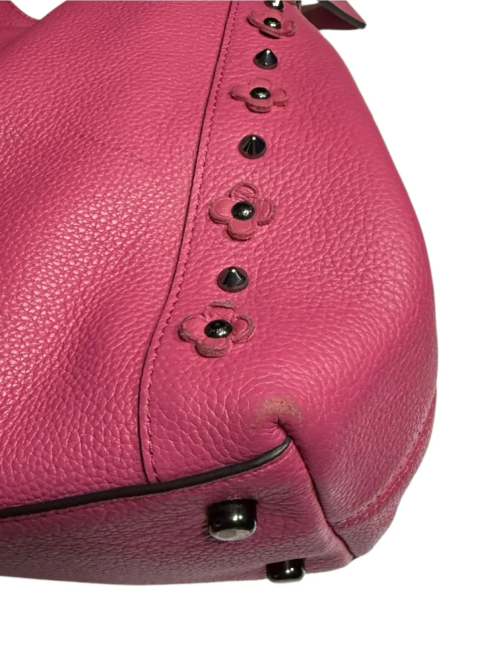 Coach Pink Edie Shoulder Bag with Floral Accents & Rivets in Pebbled Leather